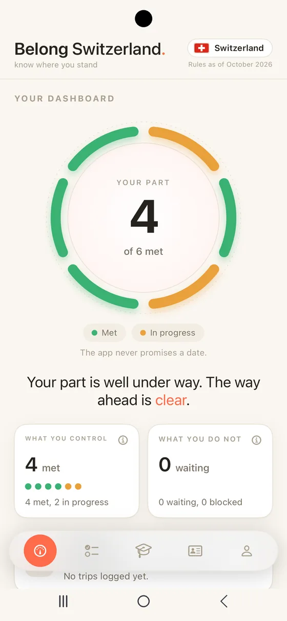 Belong Switzerland shown in an Android frame: the Dashboard with the progress ring, not on Google Play yet