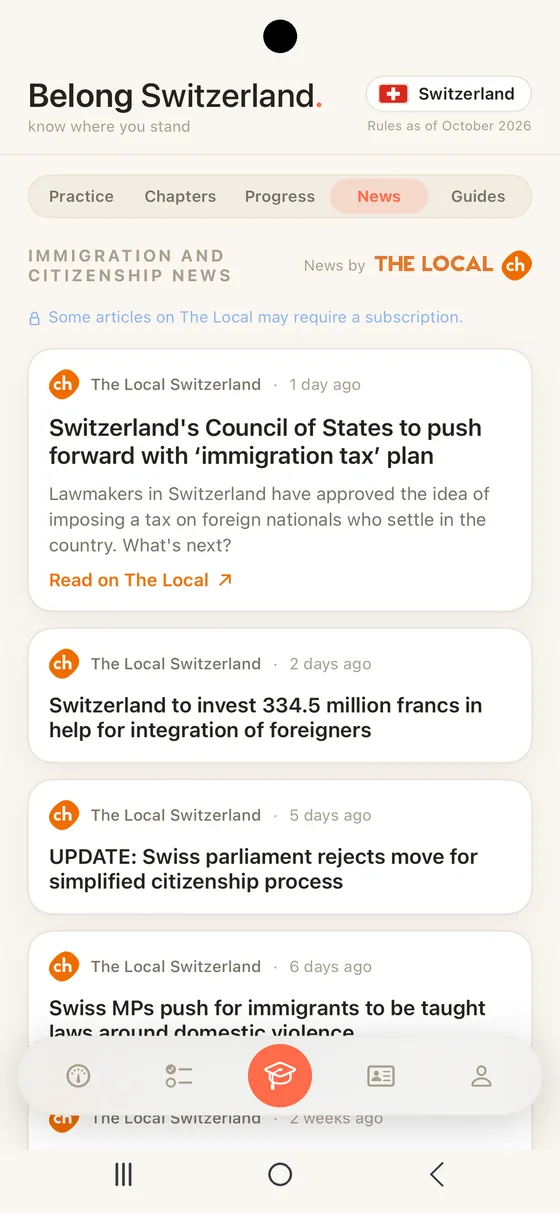 Belong Switzerland News segment in an Android frame with immigration and citizenship stories from The Local Switzerland