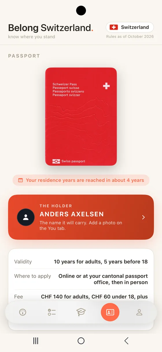 Belong Switzerland Passport tab in an Android frame with the red Swiss passport cover and the holder's name