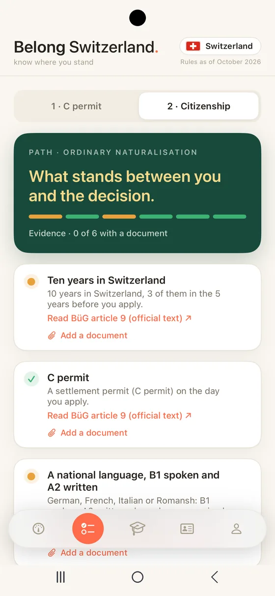 Belong Switzerland Path tab in an Android frame with every requirement for ordinary naturalisation