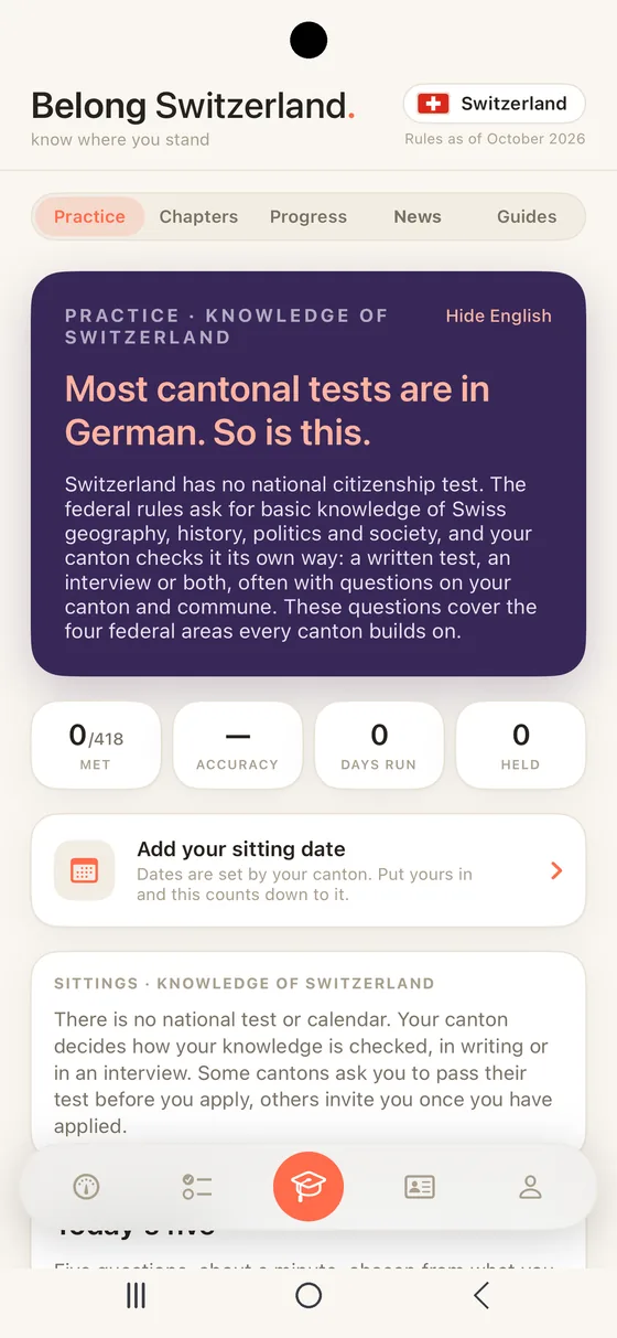 Belong Switzerland Practice tab in an Android frame: Today's five on Swiss geography, history, politics and society