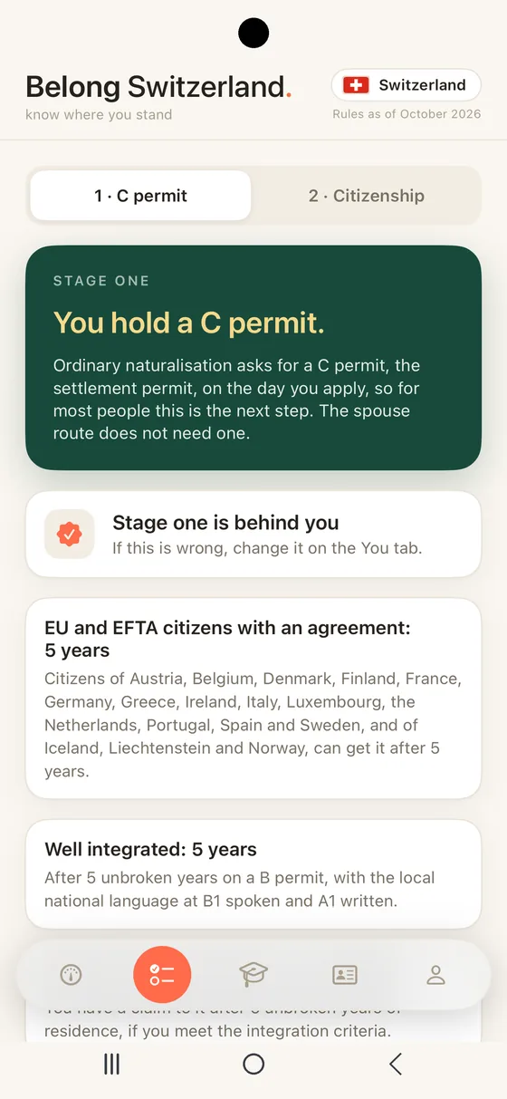 Belong Switzerland Path tab in an Android frame at stage one: the C permit, with the years counted and the five year routes
