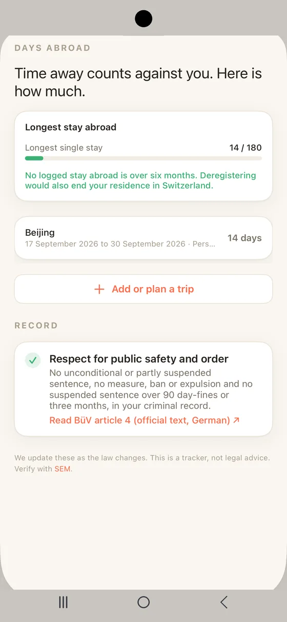 Belong Switzerland trip sheet in an Android frame measuring the longest stay abroad against the six month line