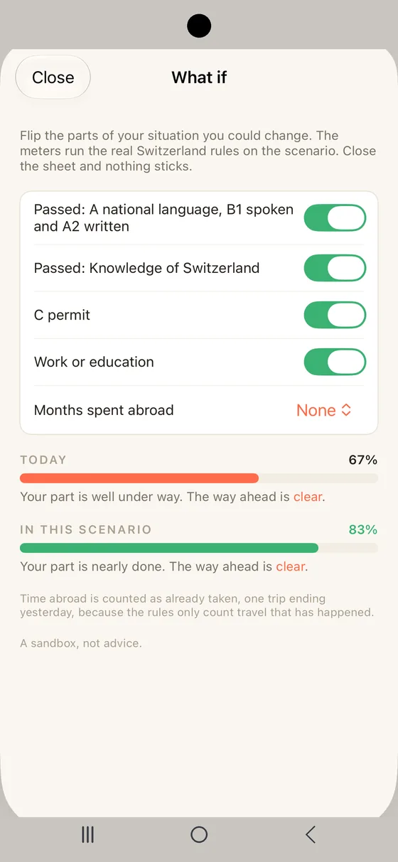 Belong Switzerland What if sheet in an Android frame running a scenario