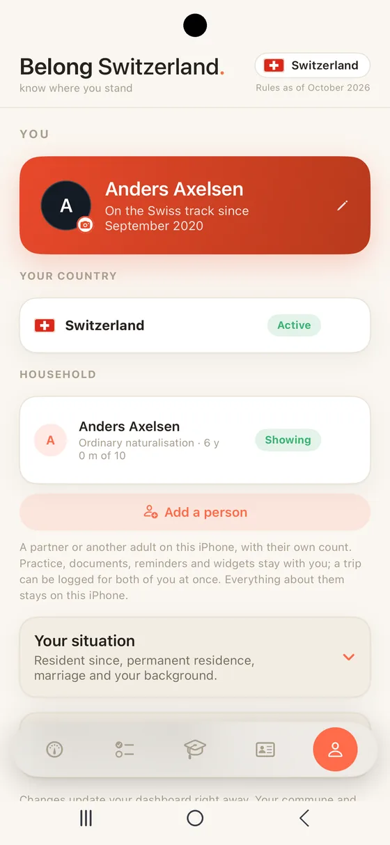 Belong Switzerland You tab in an Android frame with the holder's name, the country and the household