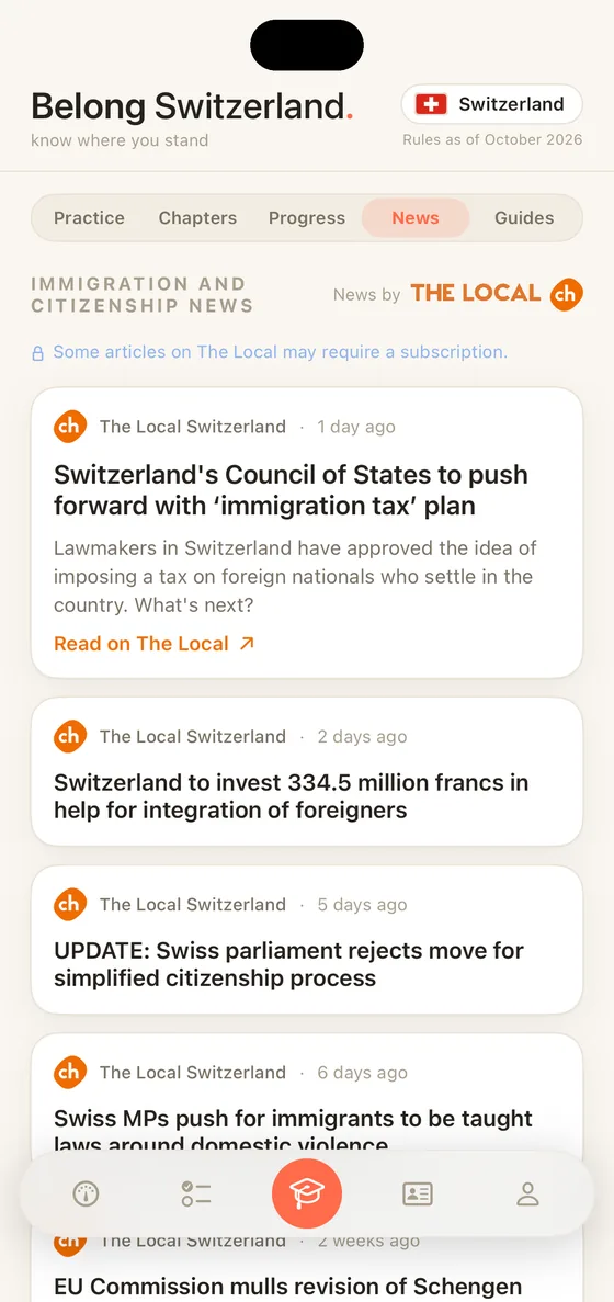 Belong Switzerland News segment on iPhone with immigration and citizenship stories from The Local Switzerland