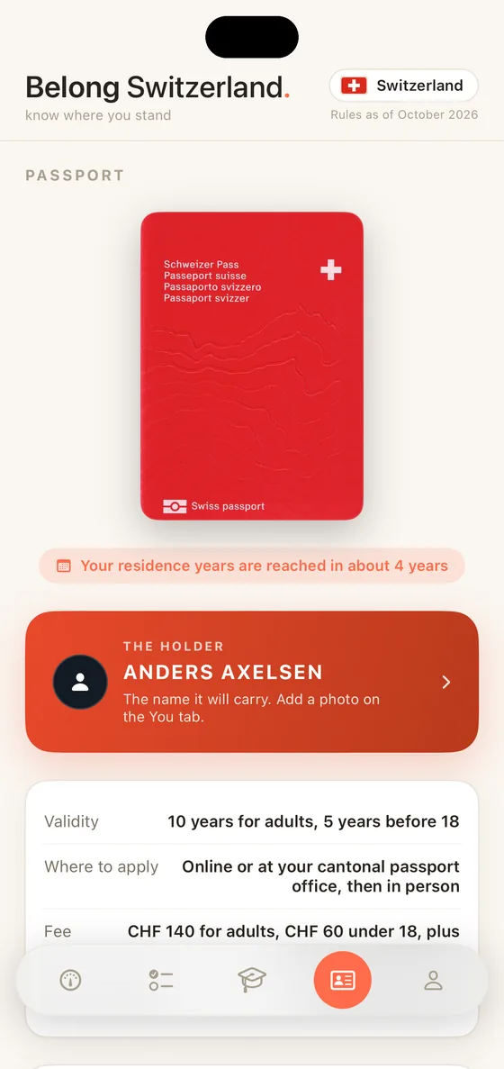 Belong Switzerland Passport tab on iPhone with the red Swiss passport cover and the holder's name