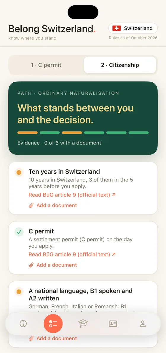Belong Switzerland Path tab on iPhone with every requirement for ordinary naturalisation
