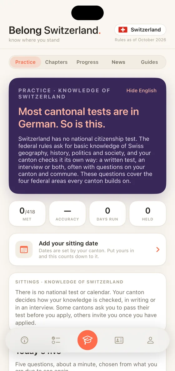 Belong Switzerland Practice tab on iPhone: Today's five on Swiss geography, history, politics and society