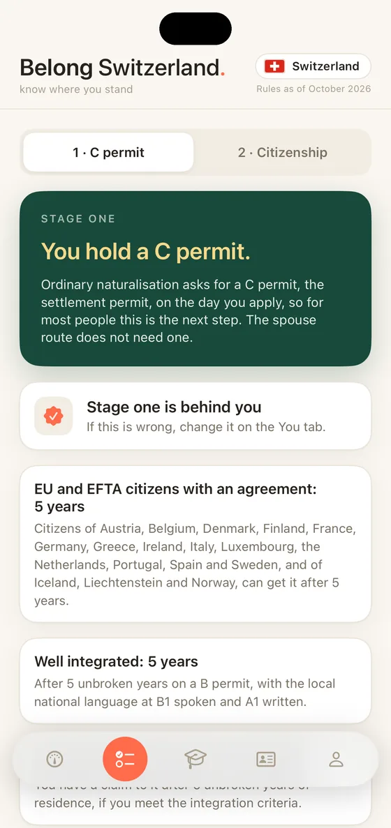 Belong Switzerland Path tab on iPhone at stage one: the C permit, with the years counted and the five year routes