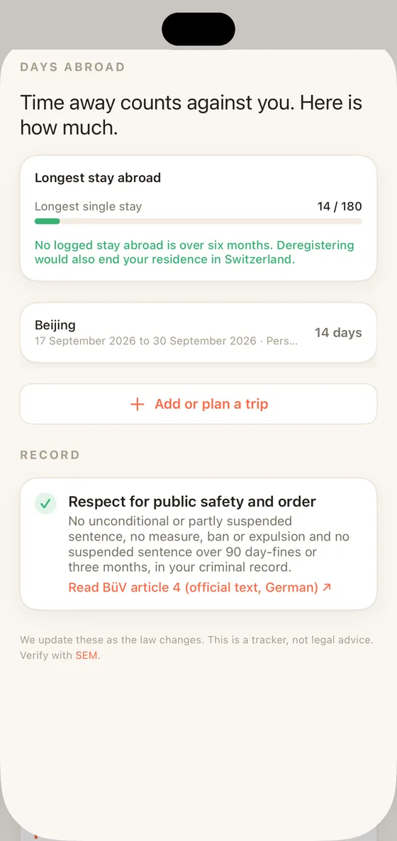 Belong Switzerland trip sheet on iPhone measuring the longest stay abroad against the six month line