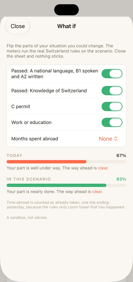 Belong Switzerland What if sheet on iPhone running a scenario