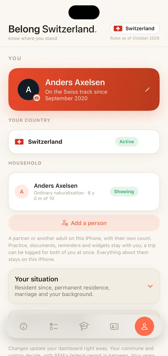 Belong Switzerland You tab on iPhone with the holder's name, the country and the household